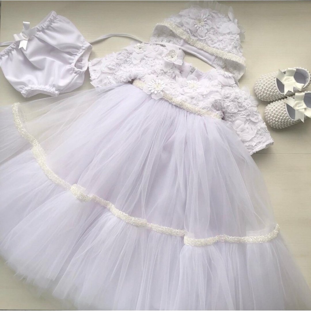 White dress with 3d flowers, bonnet, panties and shoes for baby girl. - 童装礼服/连衣裙 - 其他材质 白色