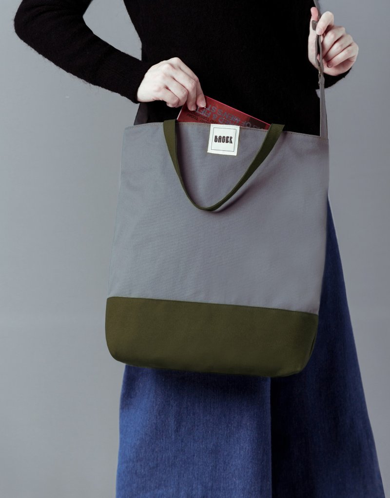 简约拼色 可调式背带三用帆布包  肩背 手提 斜背  灰+军绿 - 侧背包/斜挎包 - 棉．麻 灰色