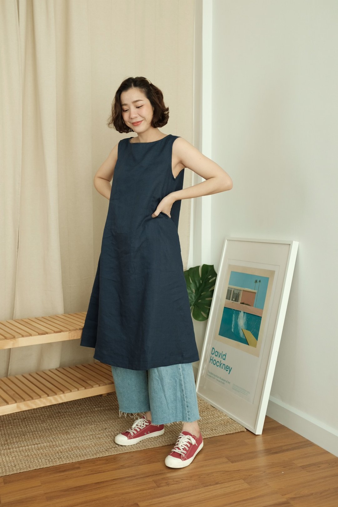 WHITEOAKFACTORY Yumi oversized linen dress - Navy blue - 洋装/连衣裙 - 棉．麻 蓝色