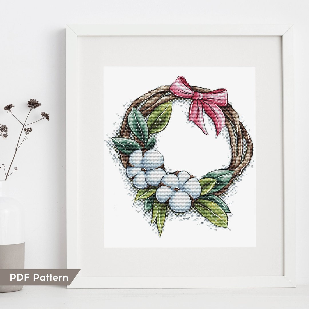 Cotton wreath cross stitch pattern digital download Christmas handmade DIY décor - 编织/刺绣/羊毛毡/裁缝 - 绣线 