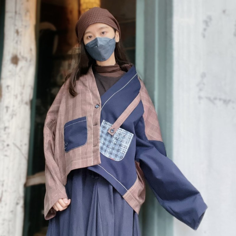 粉格蓝 格纹拼接外套 #T5034 - 女装休闲/机能外套 - 棉．麻 粉红色