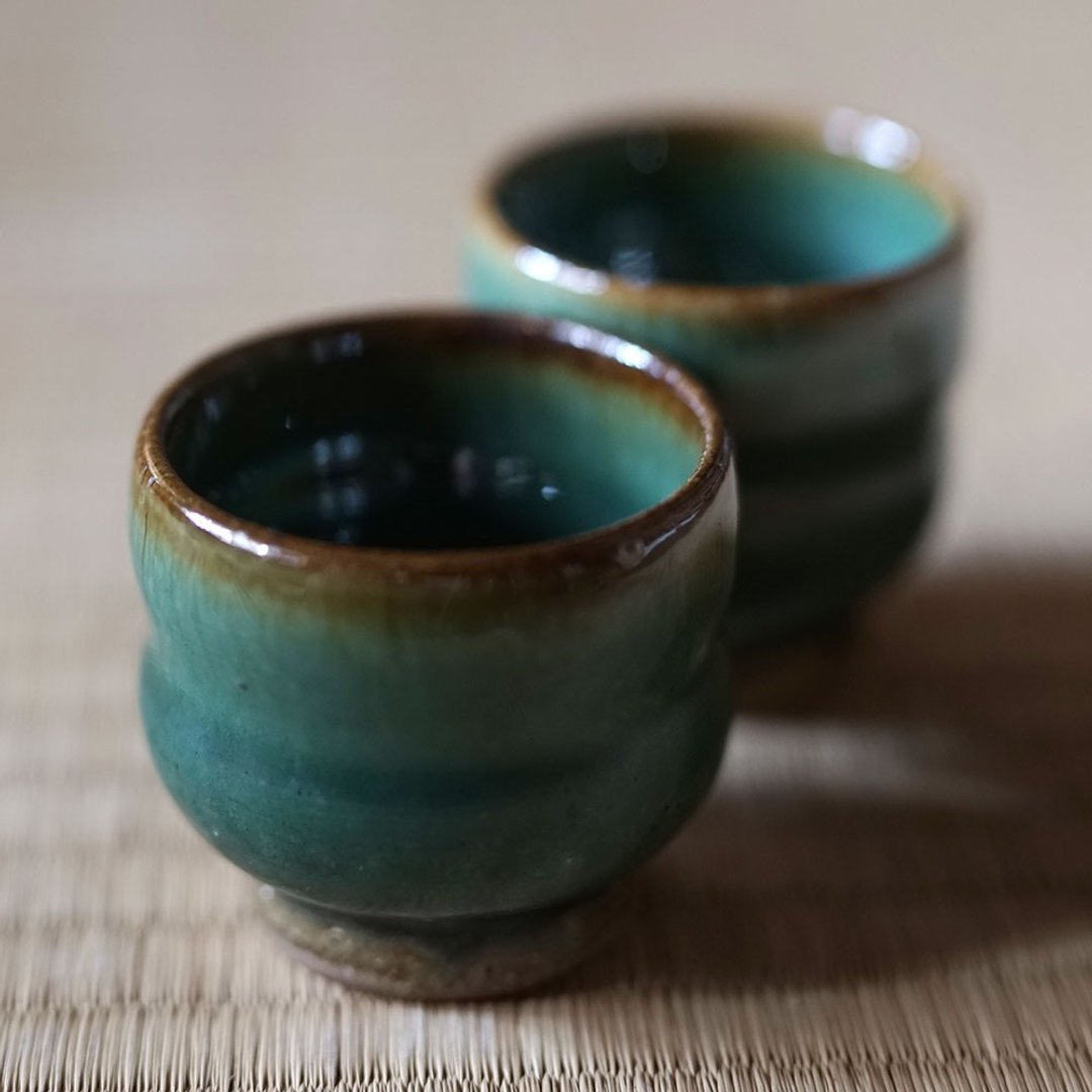 小樽烧绿玉织部酒杯 - 酒杯/酒器 - 陶 