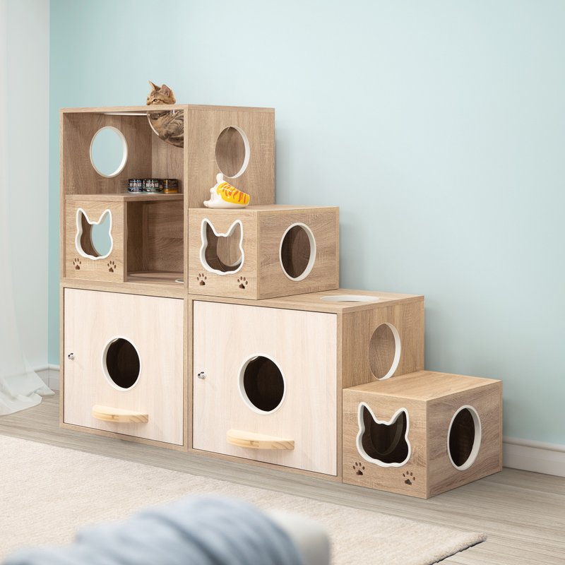 简约双盆阶梯组合(太空球柜) - 猫砂/猫砂垫 - 木头 