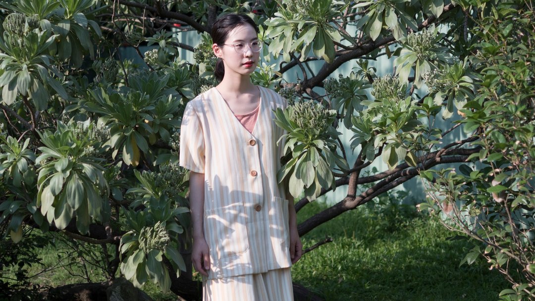 杏色条纹短袖衬衫套装_手作衣 - 女装衬衫 - 棉 卡其色