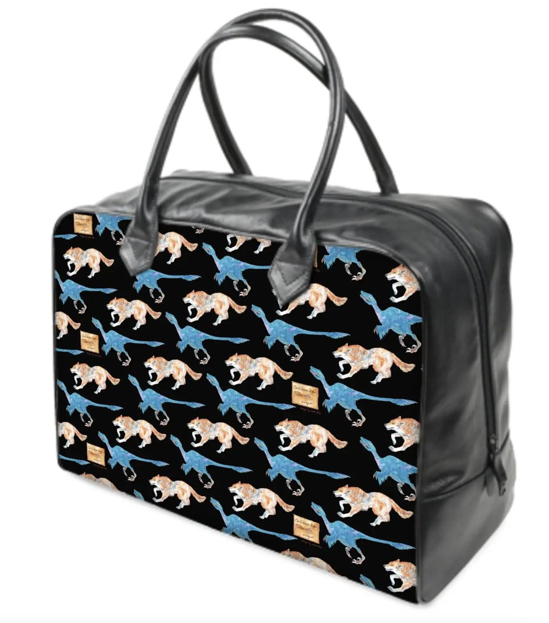 Genuine Leather Travel Bag - Wolf and Velociraptor - 手提包/手提袋 - 真皮 黑色