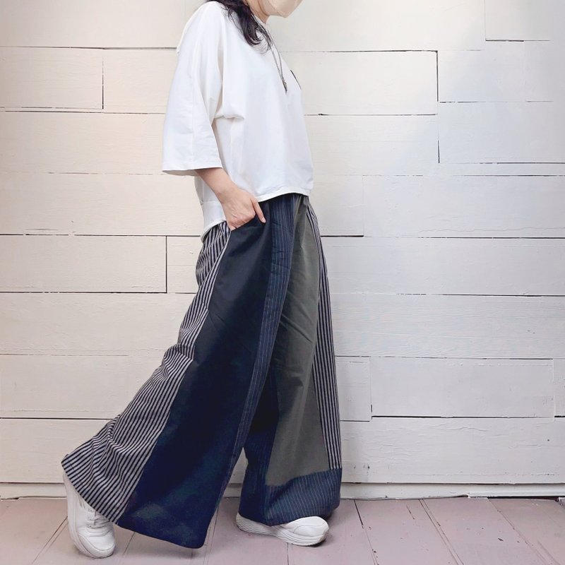 黑绿灰直条拚色宽裤 #U2063 - 女装长裤 - 棉．麻 灰色