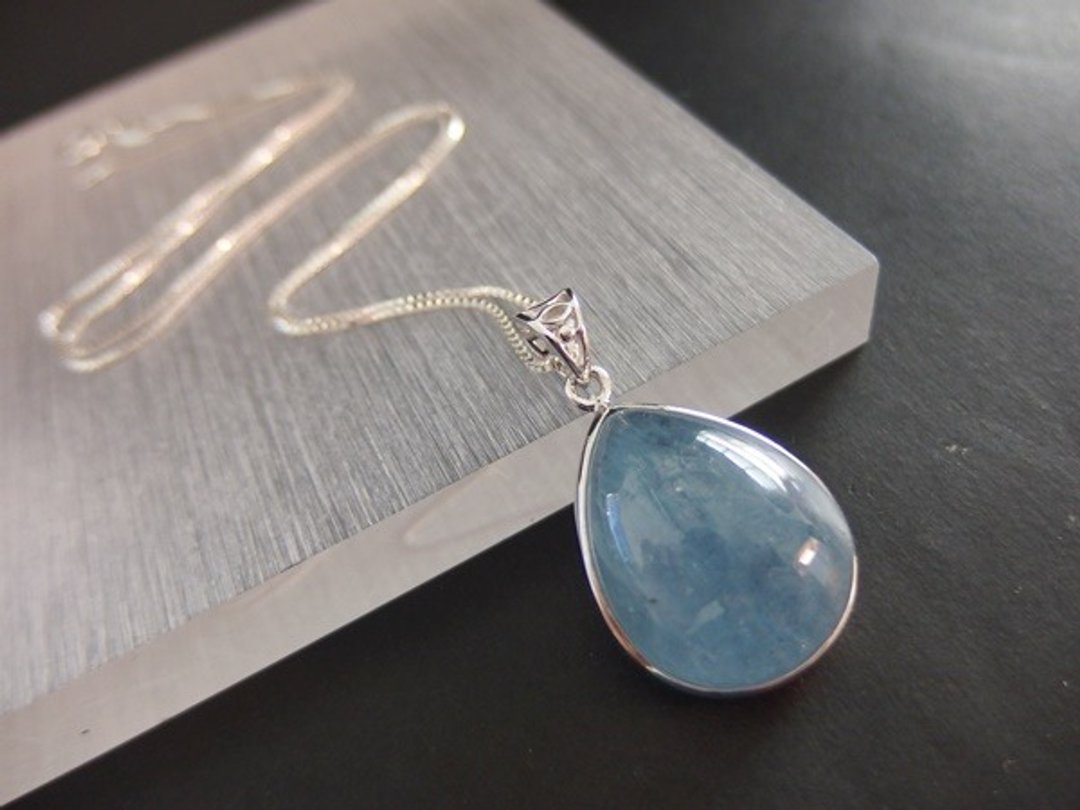 顶级天然海蓝宝纯银吊坠  Aquamarine Silver Pendant - 项链 - 宝石 蓝色