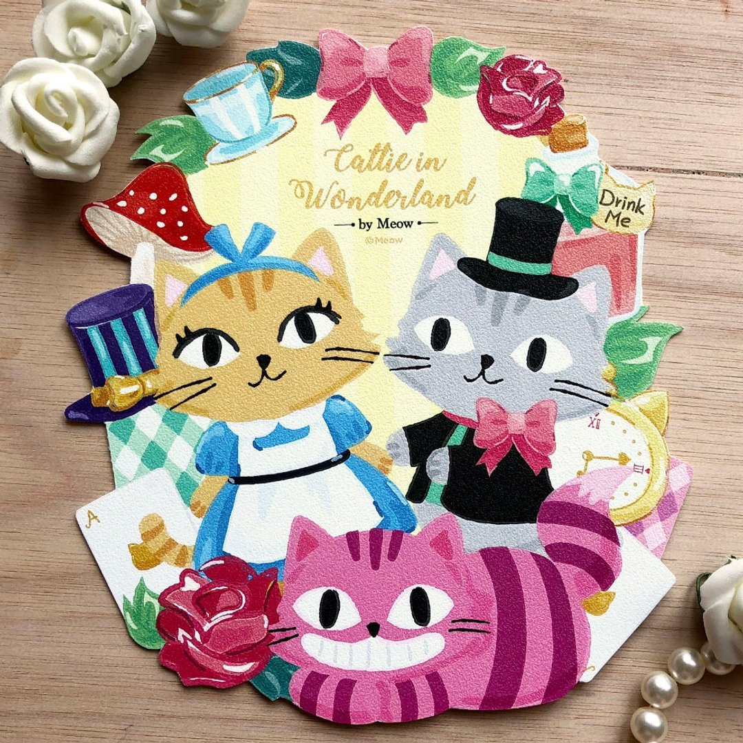 Catty in Wonderland 爱丽丝猫猫明信片 - 卡片/明信片 - 纸 多色