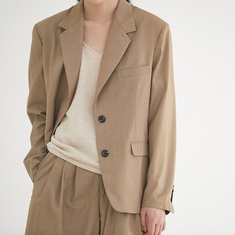 驼色 Boylish色织中性法式西装 男朋友宽松复古运动休闲外套上衣 - 女装休闲/机能外套 - 聚酯纤维 卡其色