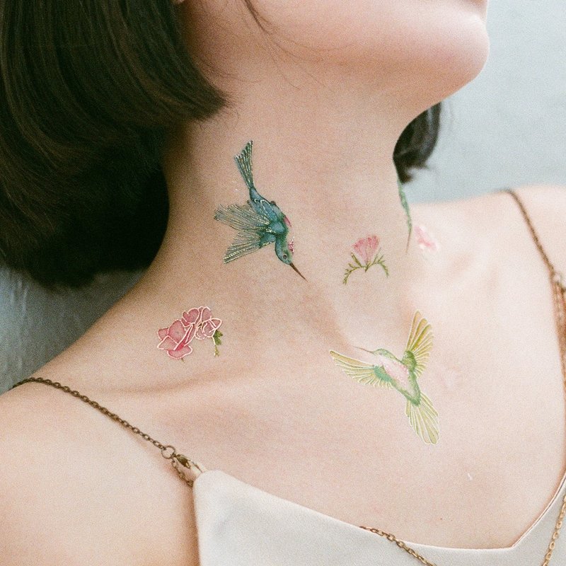 輕靈蜂鳥-2入紋身貼紙 原創手繪設計 - 纹身贴 - 纸 绿色
