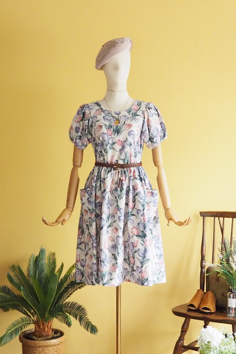Vintage dress | Size L | Tulip pattern cotton linen dress - 洋装/连衣裙 - 棉．麻 蓝色