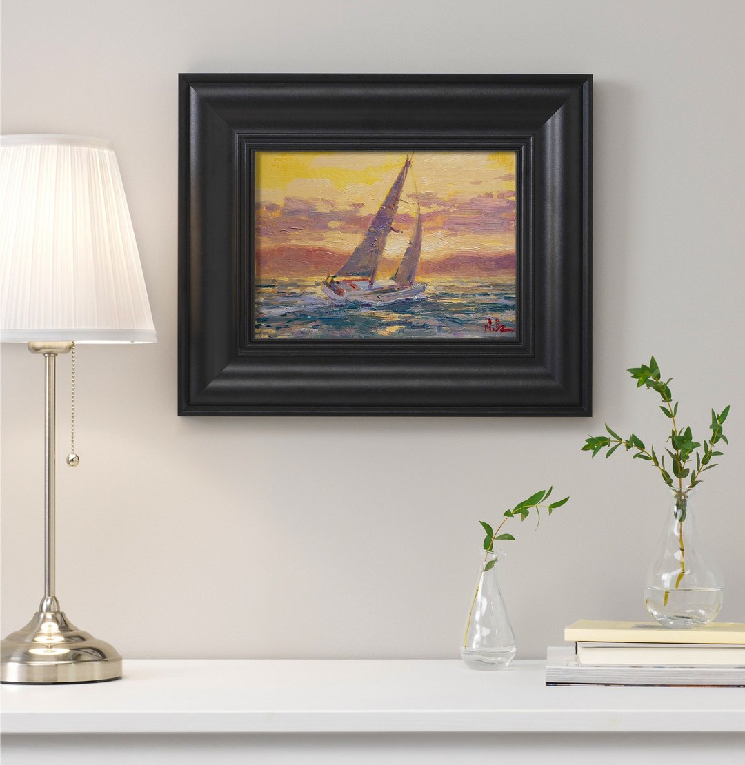 Yacht Sailing Boat Sea Ocean Landscape Original Oil Painting Modern Home Decor - 海报/装饰画/版画 - 其他材质 紫色