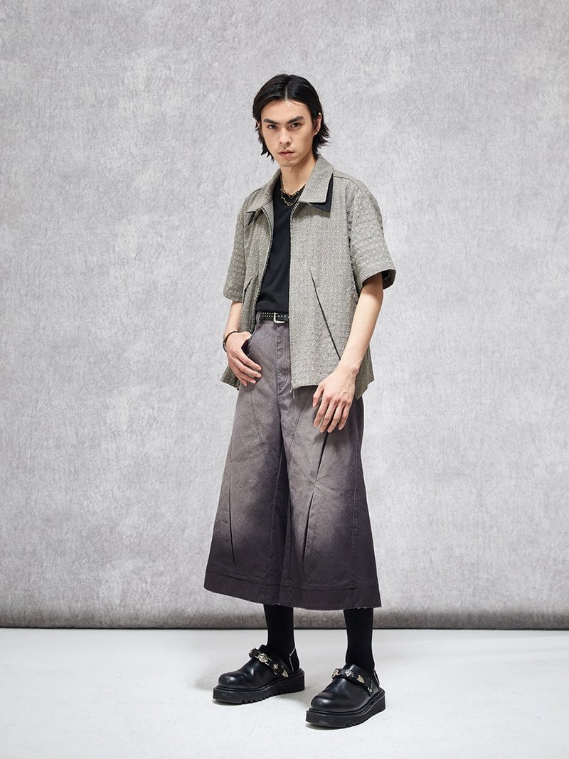 【炼狱】手工渐变喷染/弓褶阔腿工装七分裤 - 男士长裤 - 棉．麻 灰色