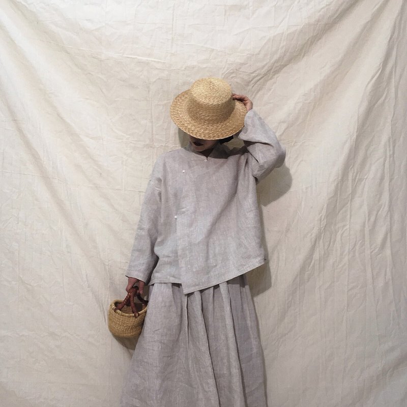 客製 法国亚麻 中式长袖斜襟短衫 原麻色 - 女装上衣 - 棉．麻 