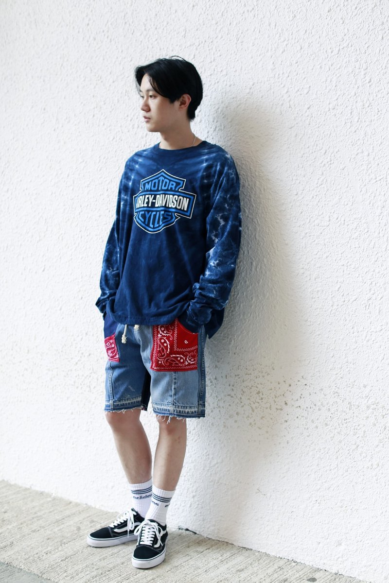 牛仔拼布短裤 - 男士长裤 - 棉．麻 蓝色