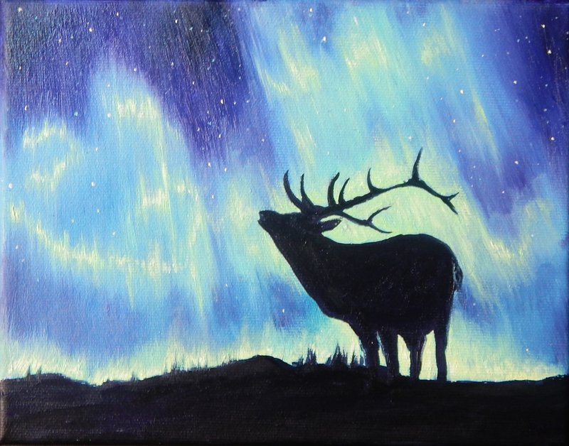 鹿画 挂画 装饰画 小画 北欧圣诞 冬夜 北极光画 - 墙贴/壁贴 - 其他材质 蓝色