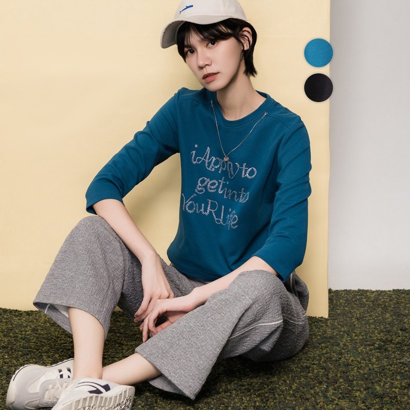 【MEDUSA】烫钻英文小吊饰短版T恤-2色(M-XL) | 女休闲上衣 女长T - 女装 T 恤 - 棉 蓝色