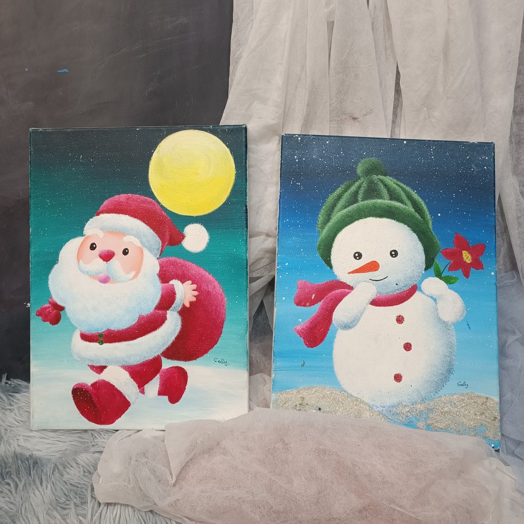 童趣插图-压克力作品 展示品 教案样本 换季出清 雪人 圣诞老人 - 海报/装饰画/版画 - 颜料 