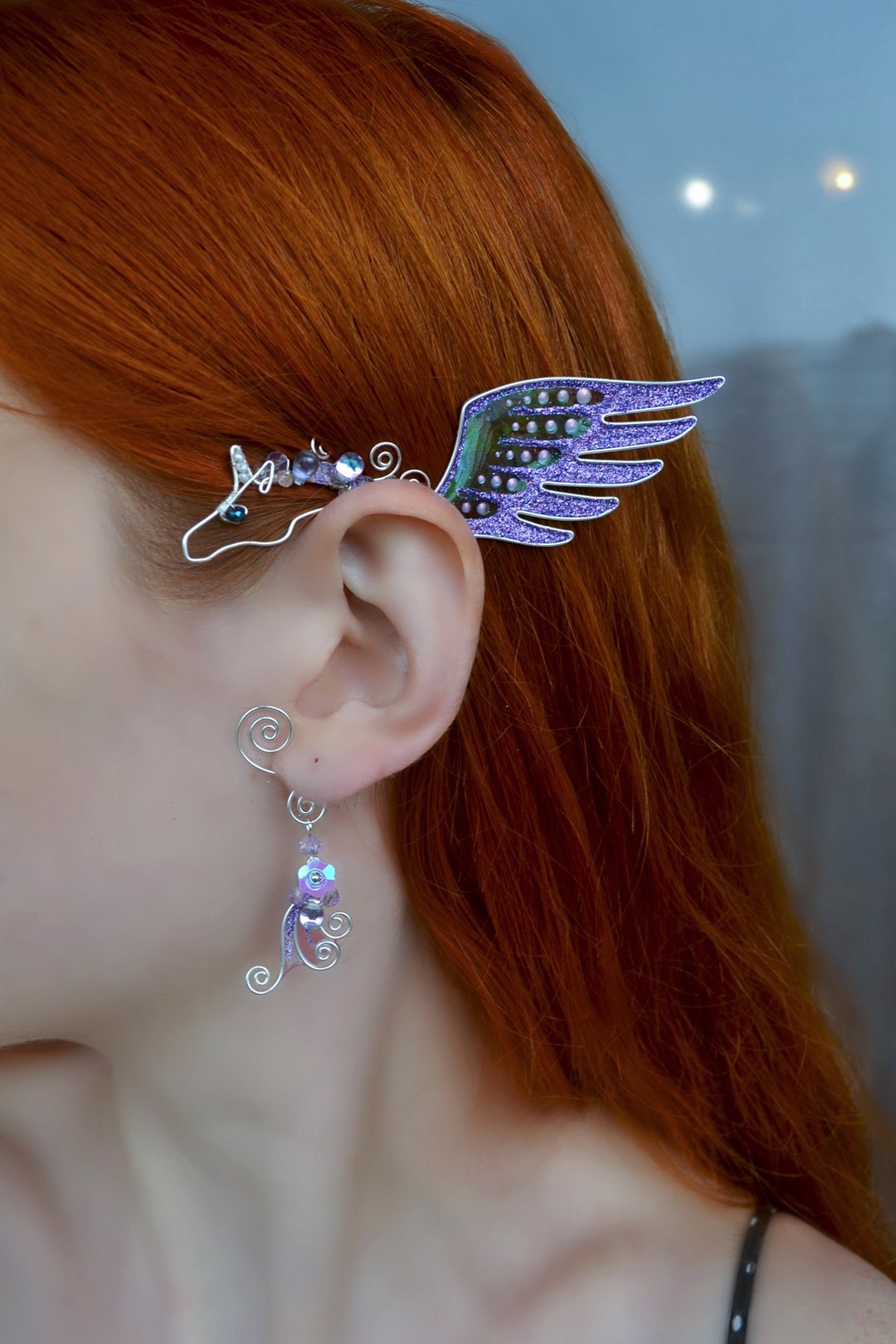 Unicorn ear cuff no piercing, Pegasus earring - 耳环/耳夹 - 铜/黄铜 紫色
