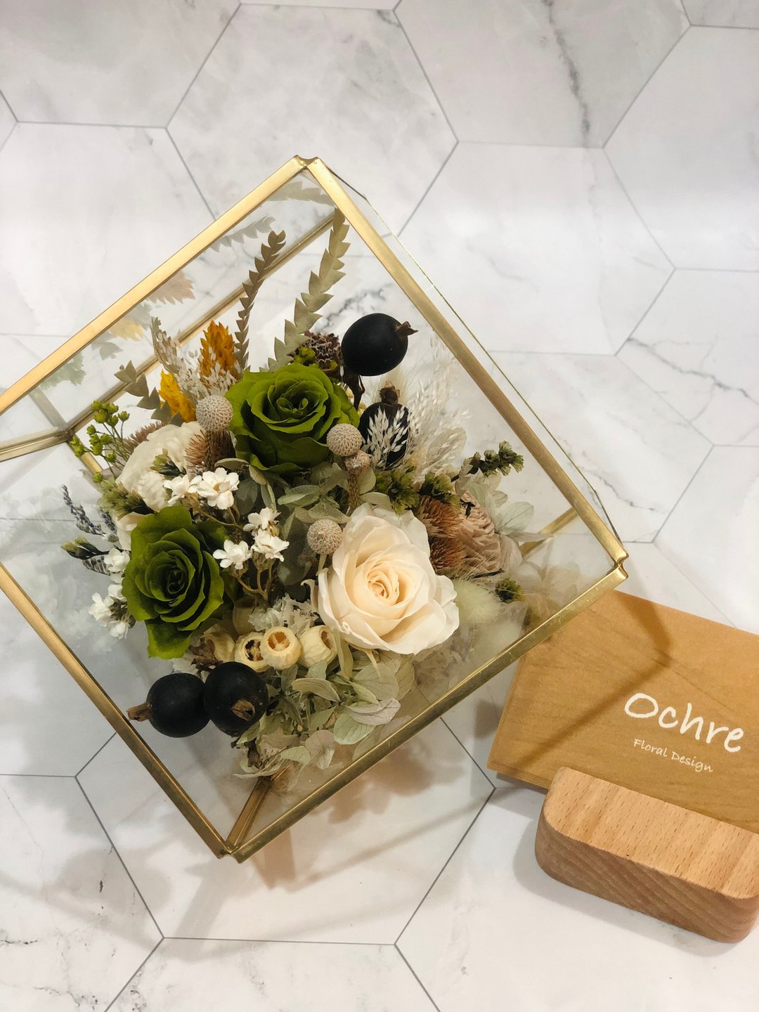 Ochre 正方立体玻璃花房系列-金边中款 - 干燥花/捧花 - 植物．花 绿色