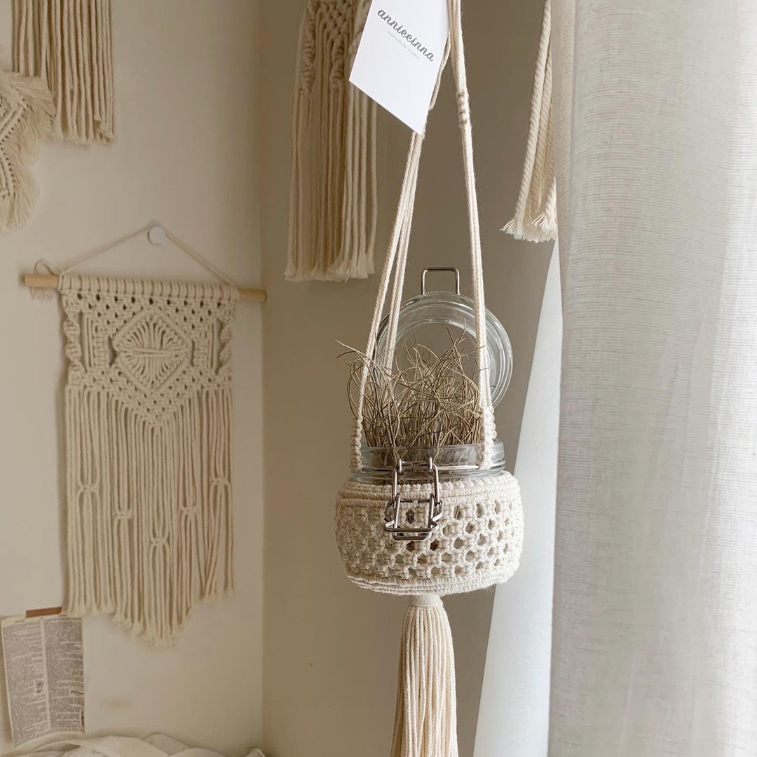 Macrame 法式 玻璃瓶 编织 植物 吊饰 收纳吊饰 - 摆饰 - 棉 白色