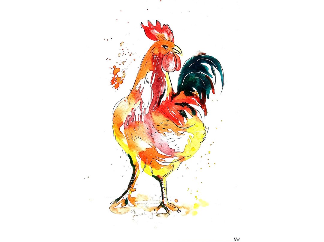 Rooster Painting Farmhouse Original Art Bird Watercolor Artwork 6 x 9 in - 墙贴/壁贴 - 纸 多色