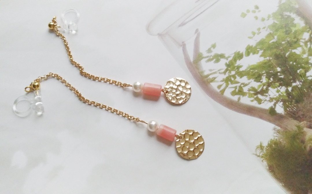 粉红蛋白石波圈14KGF耳环耳夹 / Pink opal 14KGFearring - 耳环/耳夹 - 宝石 粉红色