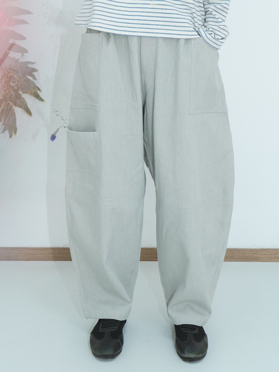 天然植物染百搭无束缚松紧抽绳舒适造型工装多口袋长裤 - 女装长裤 - 棉 灰色