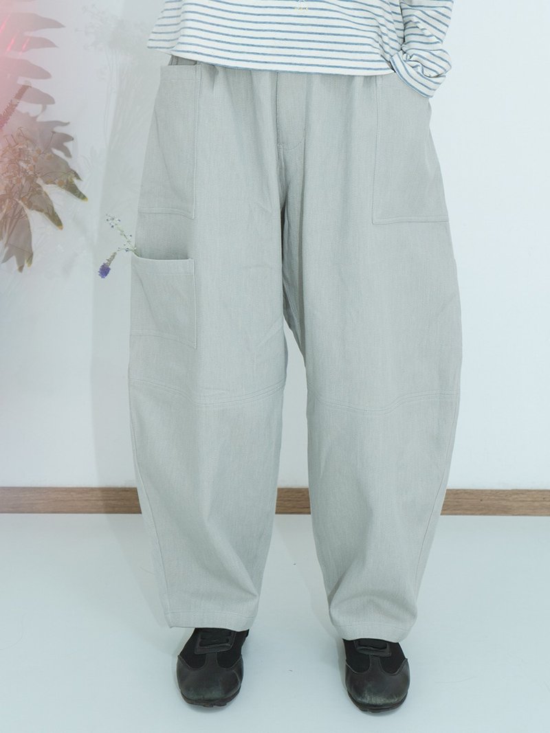 天然植物染百搭无束缚松紧抽绳舒适造型工装多口袋长裤 - 女装长裤 - 棉．麻 灰色