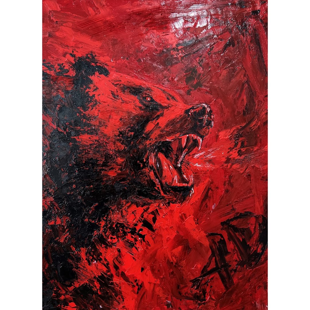 Original painting Red bear with oil paints on cardboard - 海报/装饰画/版画 - 其他材质 红色