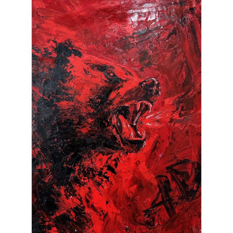 Original painting Red bear with oil paints on cardboard - 海报/装饰画/版画 - 其他材质 红色