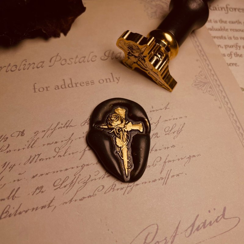十字架与玫瑰火漆印章浮雕3D立体复古章头手帐信封印章 - 印章/印台 - 铜/黄铜 