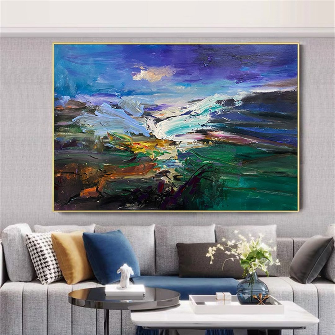 湖光山色 手绘油画/抽象/原创商品装饰画挂画走廊客厅沙发背景画 - 海报/装饰画/版画 - 亚麻 多色