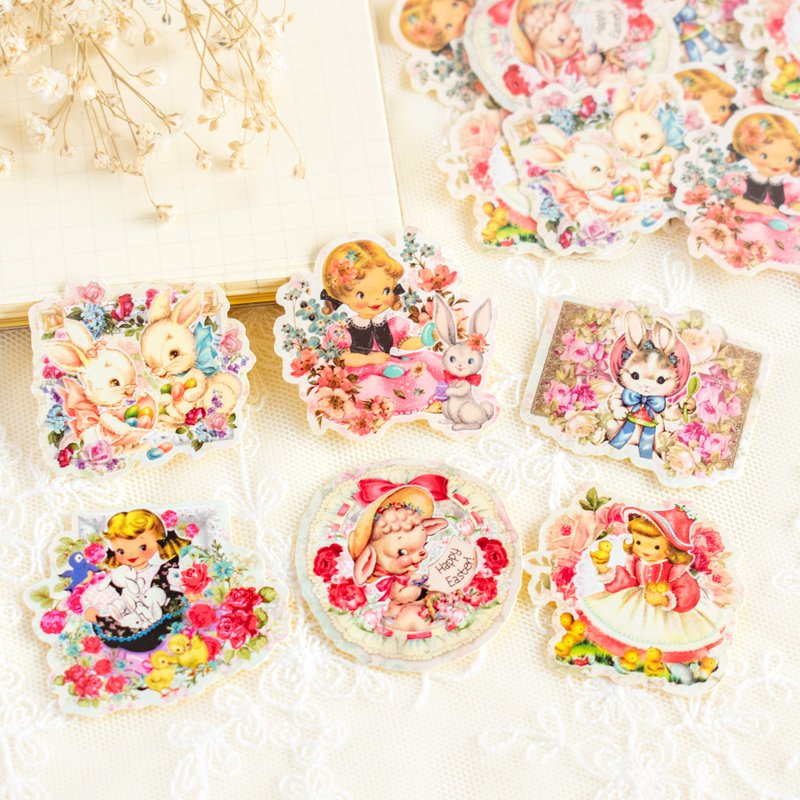 Sticker flakes set - Vintage animal and girl Spring collage - 贴纸 - 纸 粉红色