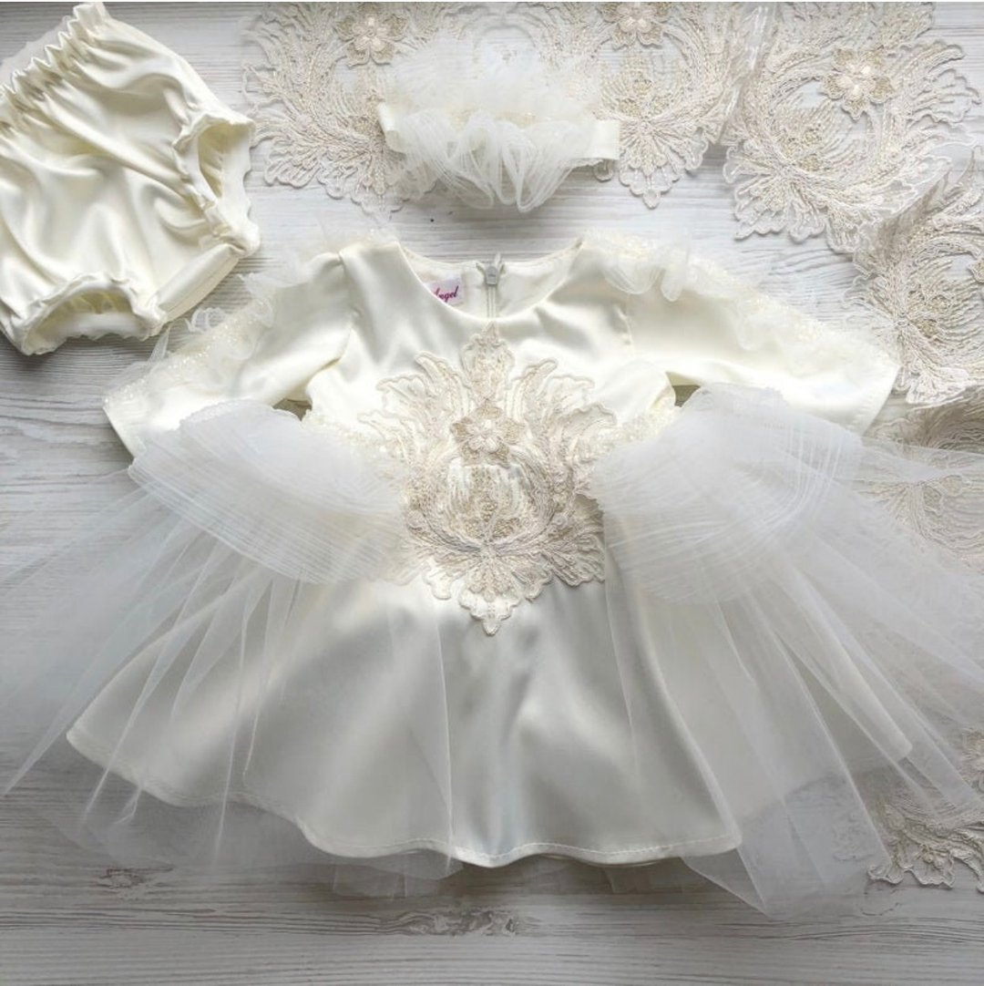 Ivory dress with gold lace and pearls, headband, panties for baby girl. - 童装礼服/连衣裙 - 其他材质 
