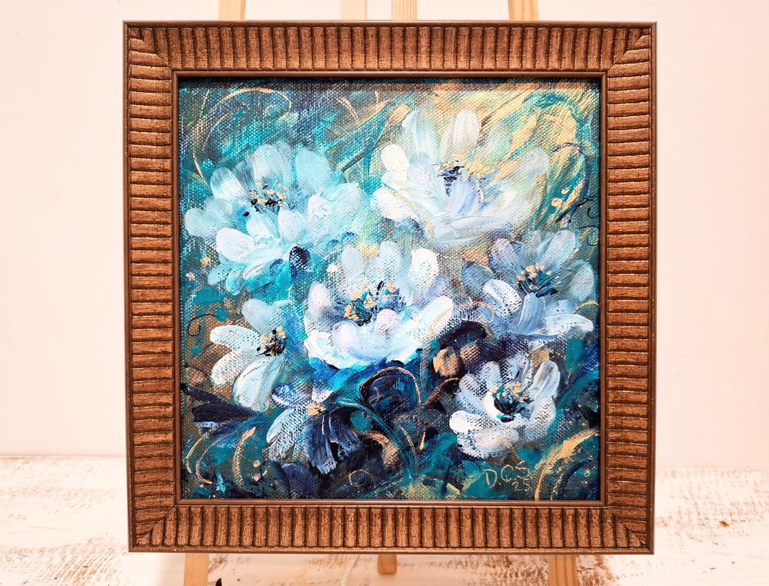 抽象花卉压克力画，蓝绿、白色、蓝色、金色，有框 - 墙贴/壁贴 - 其他材质 多色