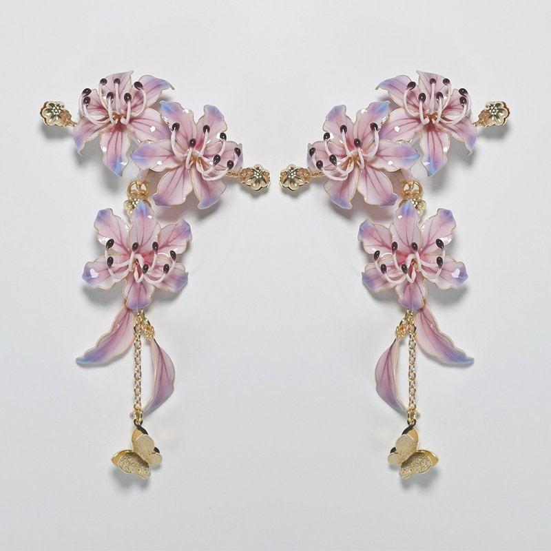 梦幻色曼珠沙华 - 对衬款 - 耳环/耳夹 - 树脂 粉红色