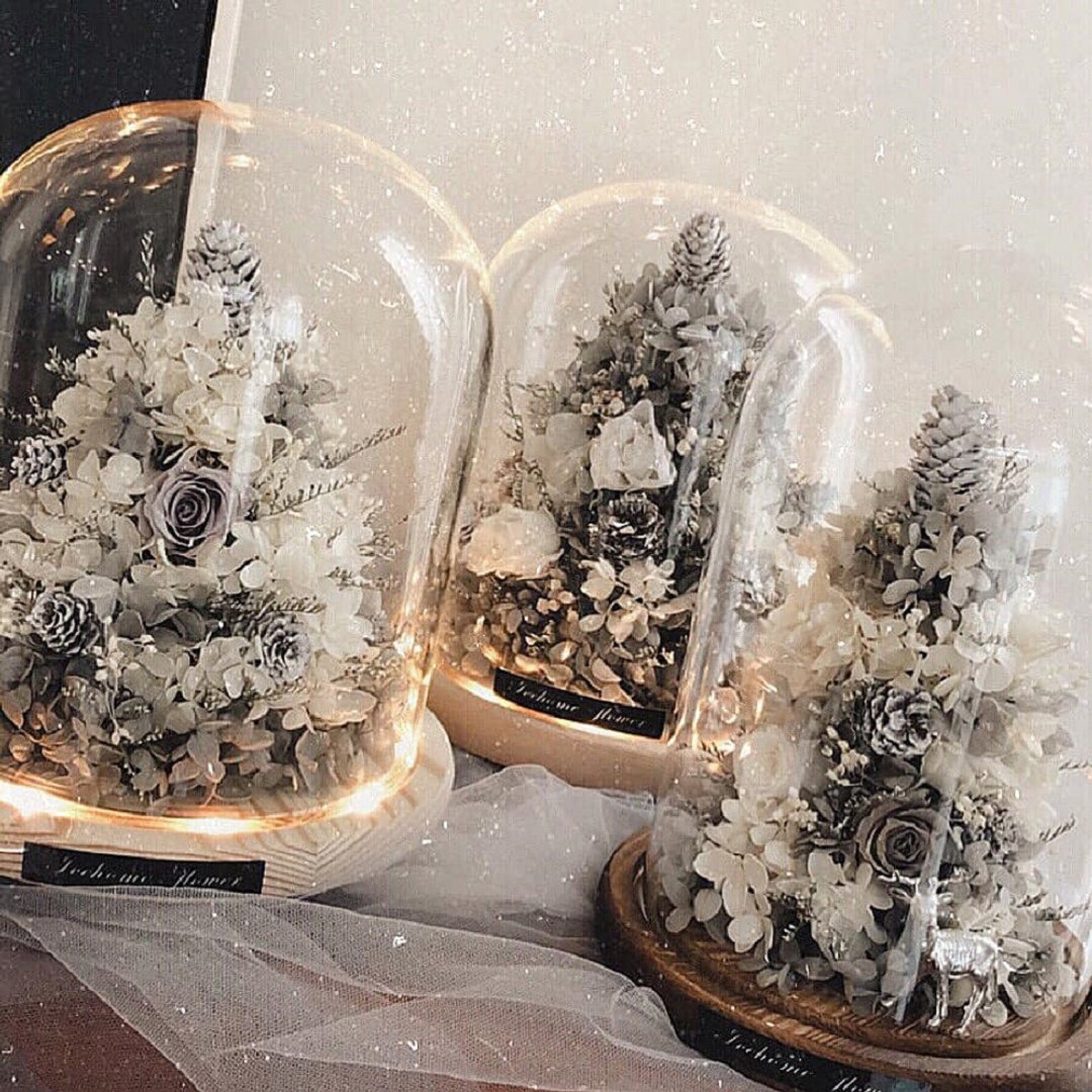夜灯款永生白雪圣诞树玻璃罩钟 玻璃罩 大款 永生花 圣诞节 - 摆饰 - 植物．花 银色