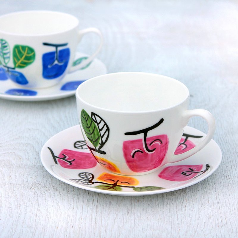 Rose pink persimmon-patterned cup and saucer - 咖啡杯/马克杯 - 瓷 粉红色