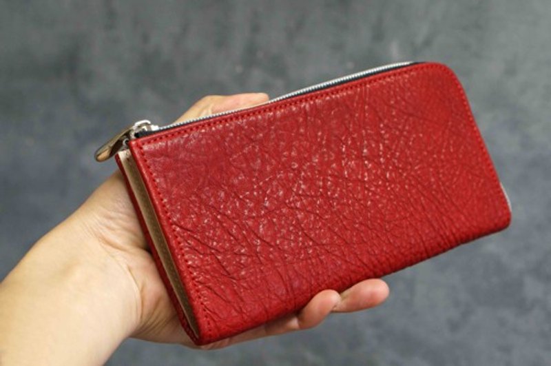Shrink WILD Red: Smooth medallion zipper L-shaped wallet - 皮夹/钱包 - 真皮 