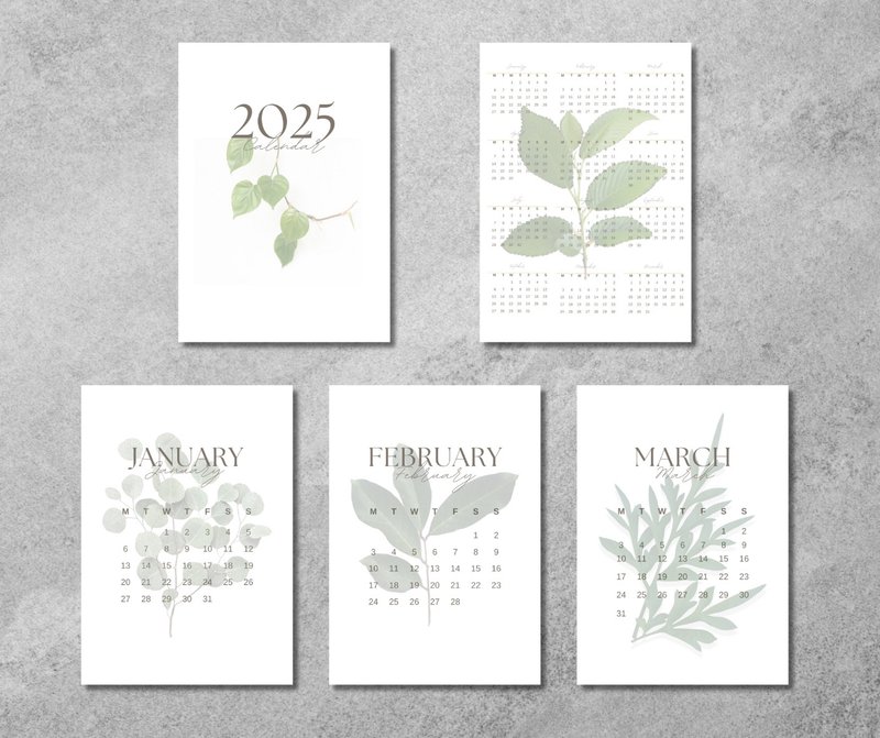 植物日历 2025 年，白背景，垂直，周一开始，数位下载 - 电子手绘真人画像/绘画/插画 - 其他材质 