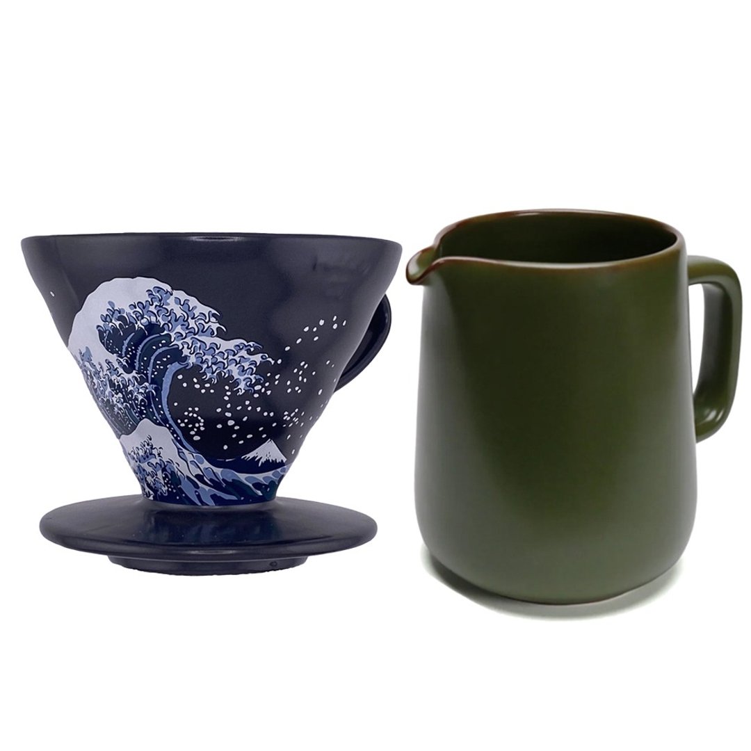 【HARIO】V60冲浪里02滤杯雾黑+蓝媚茶高山下壶 - 咖啡壶/周边 - 陶 
