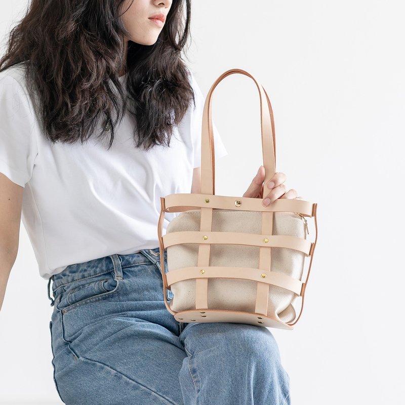 【帆布遇上皮革】菜篮子包镂空手提包子母托特单肩女包包磁扣 - 侧背包/斜挎包 - 真皮 白色