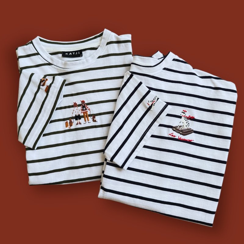 (男女皆可) 短袖弹性棉上衣 : Stripe Collection - 男装上衣/T 恤 - 绣线 蓝色