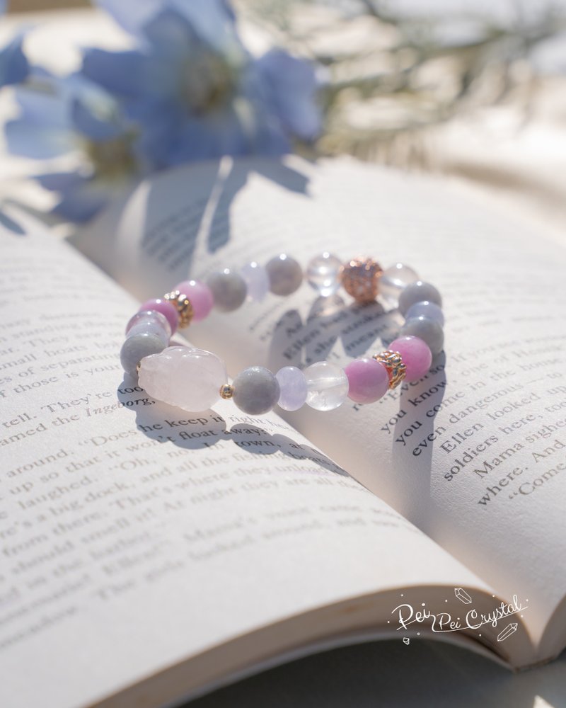 粉晶貔貅 堇青石 紫锂辉 海蓝宝算盘珠 天然水晶手链 温柔能量款 - 手链/手环 - 水晶 粉红色