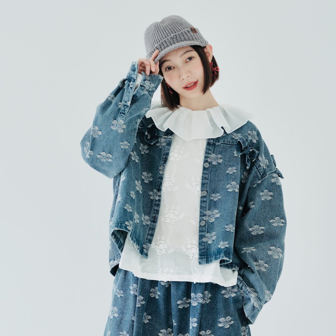 蓝色提花圆领牛仔外套 / 丹宁 蝴蝶结 - 女装休闲/机能外套 - 棉 蓝色