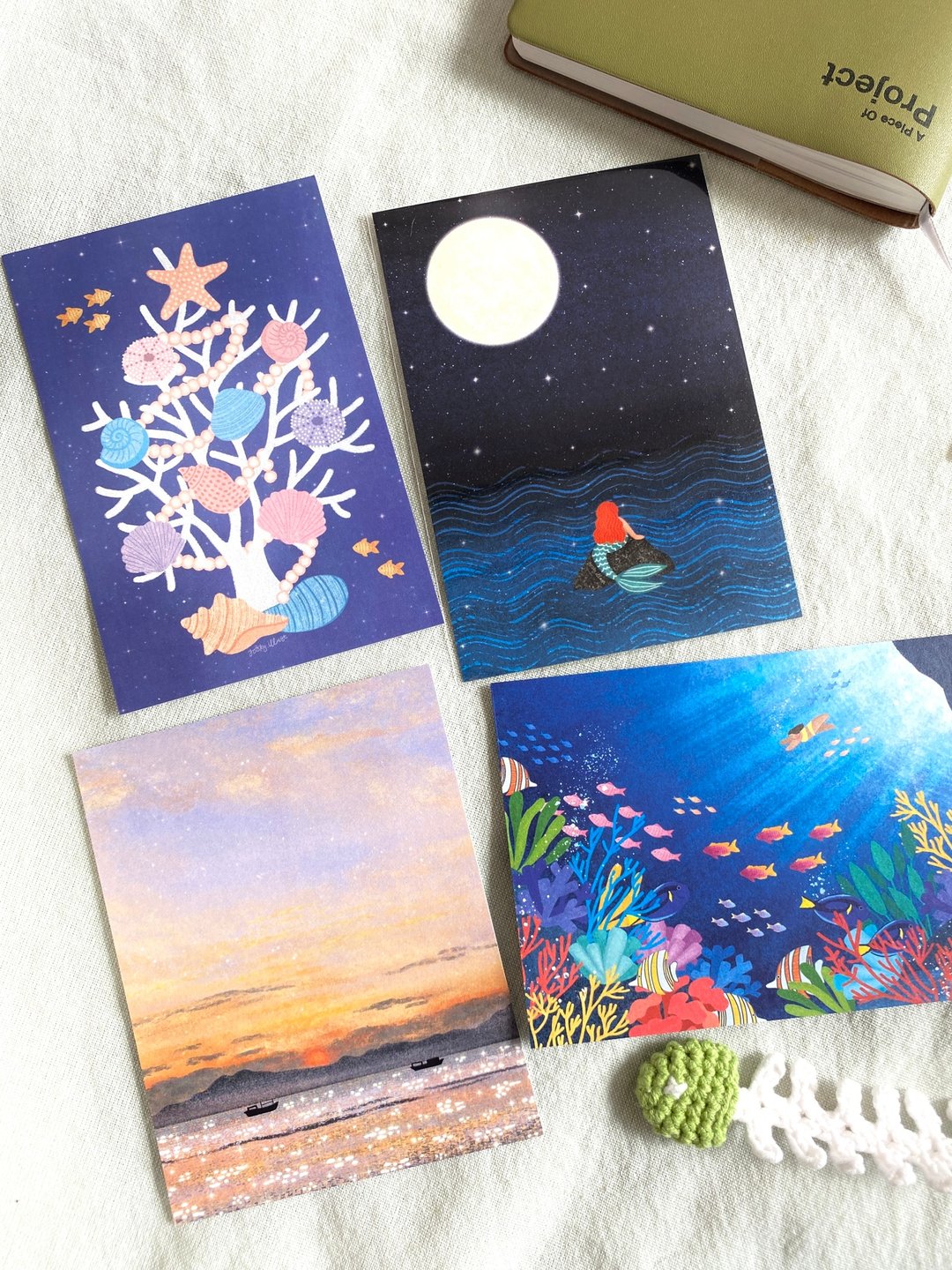 插画明信片4套 - 海洋与海岸主题+随机礼物 - 卡片/明信片 - 纸 蓝色
