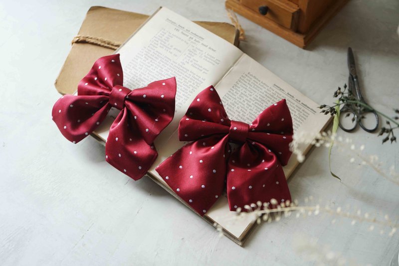 古董领带改制手工蝴蝶领结-日式水玉点点双层蝴蝶结-红白 - 领结/领巾 - 聚酯纤维 红色