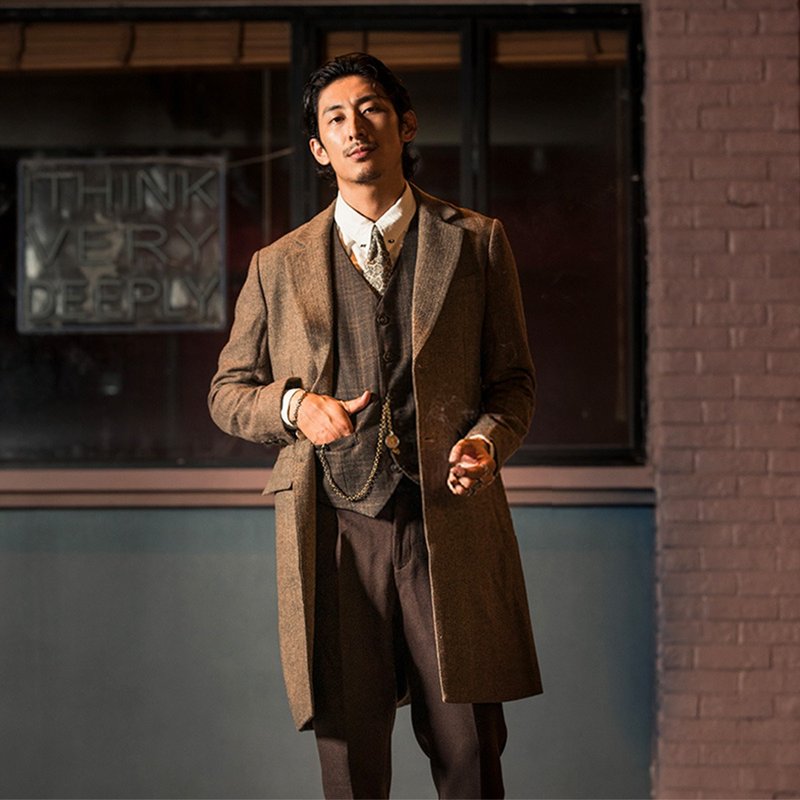 SOARIN英伦复古人字纹毛呢修身商务西装大衣-浅咖啡色 (93DY203) - 男装外套 - 聚酯纤维 咖啡色