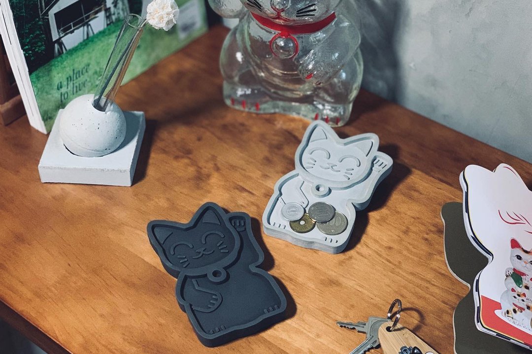 招财猫 手工水泥置物碟 【浅灰 / 深灰】 - 收纳用品 - 水泥 灰色